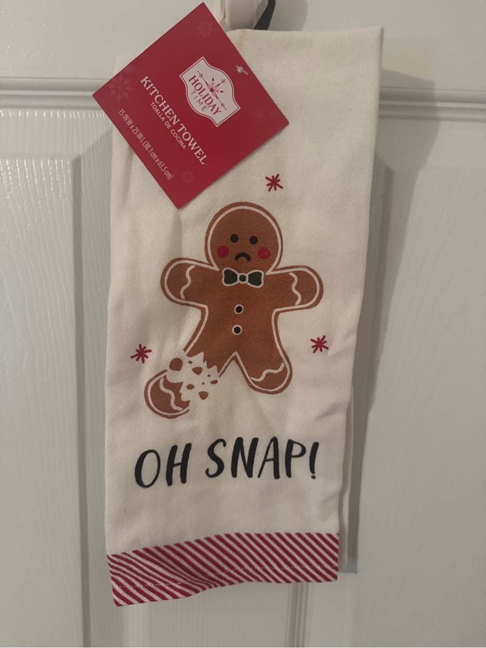 Holiday Time White Kitchen Towel with Brown & Red Gingerbread Design